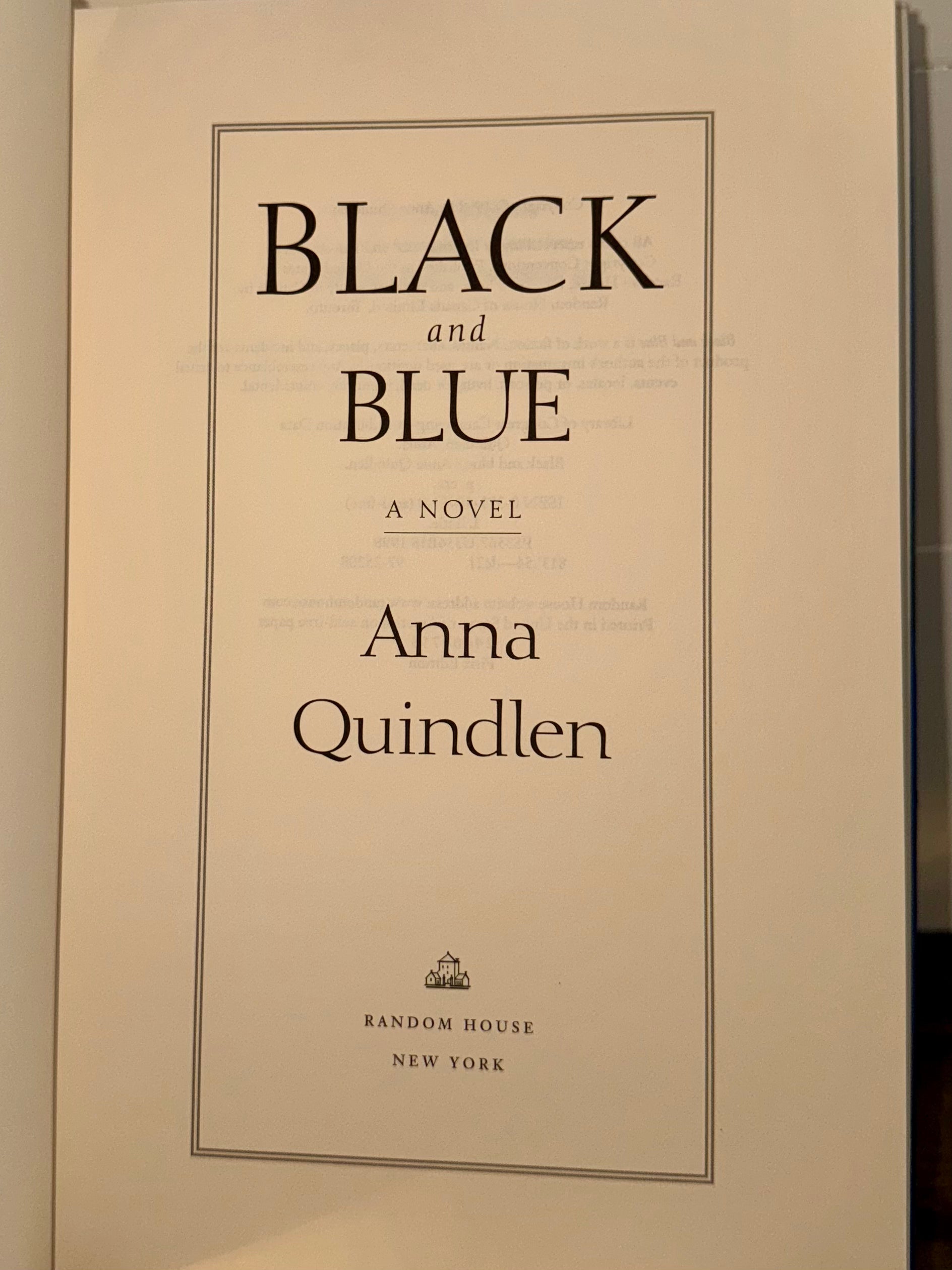 Black and Blue (Signed First Edition) by Anna Quindlen